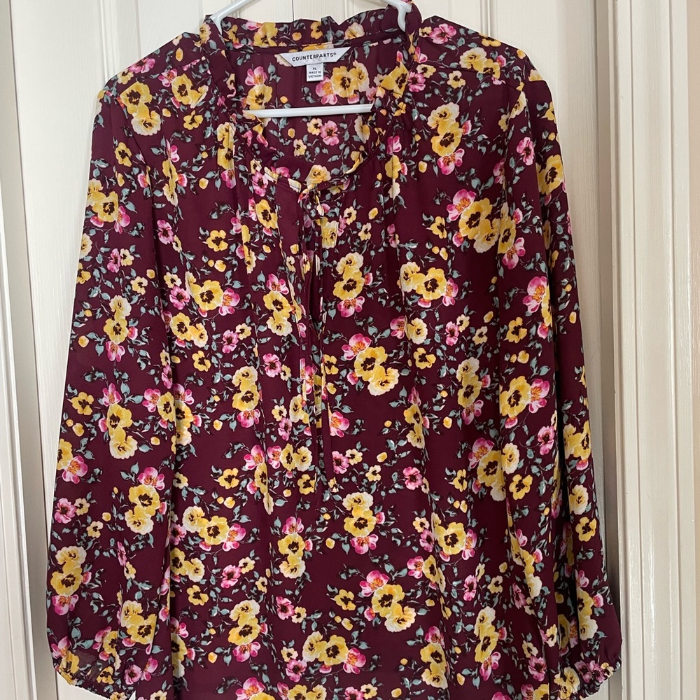 Counterparts Red and Purple Long Sleeve Ruffled Blouse